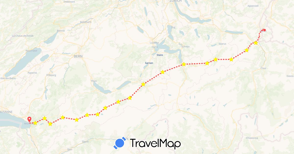 TravelMap itinerary: hiking in Switzerland, Liechtenstein (Europe)
